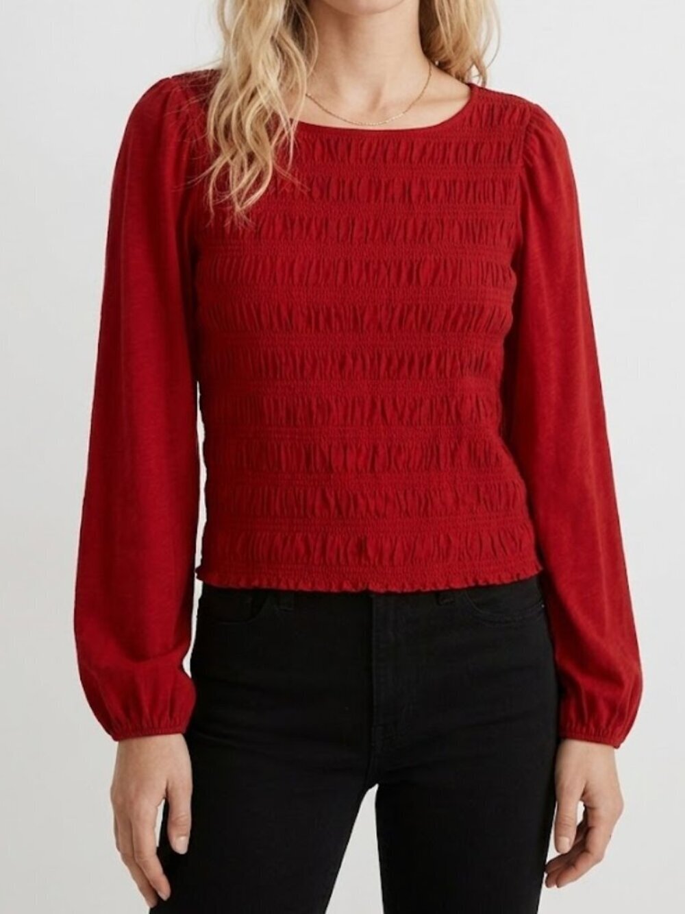 Madewell Smocked Cotton Boatneck Puff Sleeves Slim Fit Top Red Size M NWT